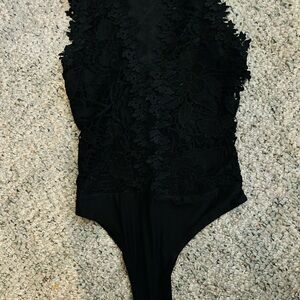 Black Lace Floral Sheer Mesh Bodysuit - Size Small (New, No Tags)